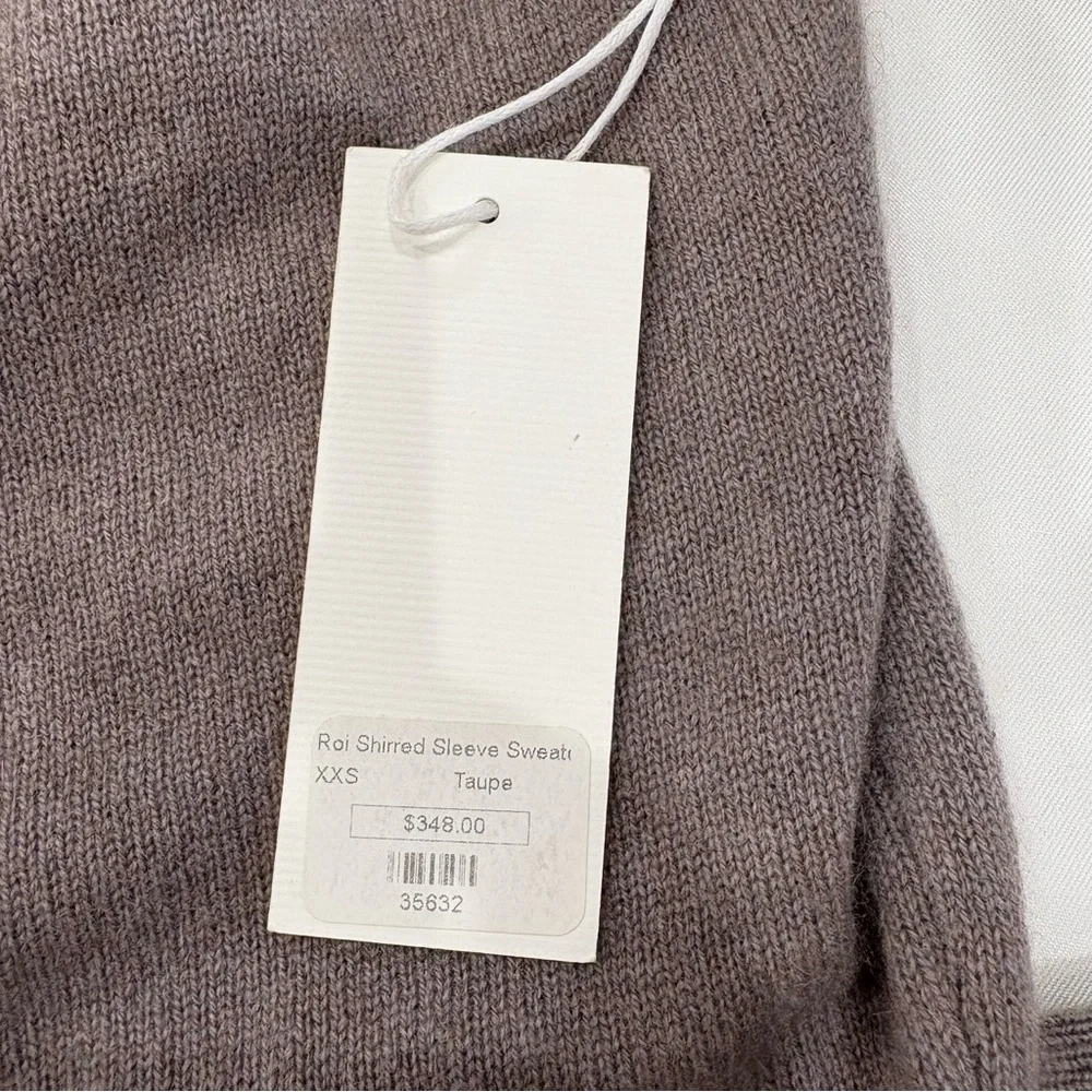 NWT ROI 100% Cashmere Shirred Sleeve Sweater Taupe XXS Luxe Knit Pullover $348